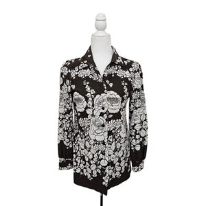 Retro 60s 70's Buttondown Blouse  Rose Print Brown/ White Soft Medium